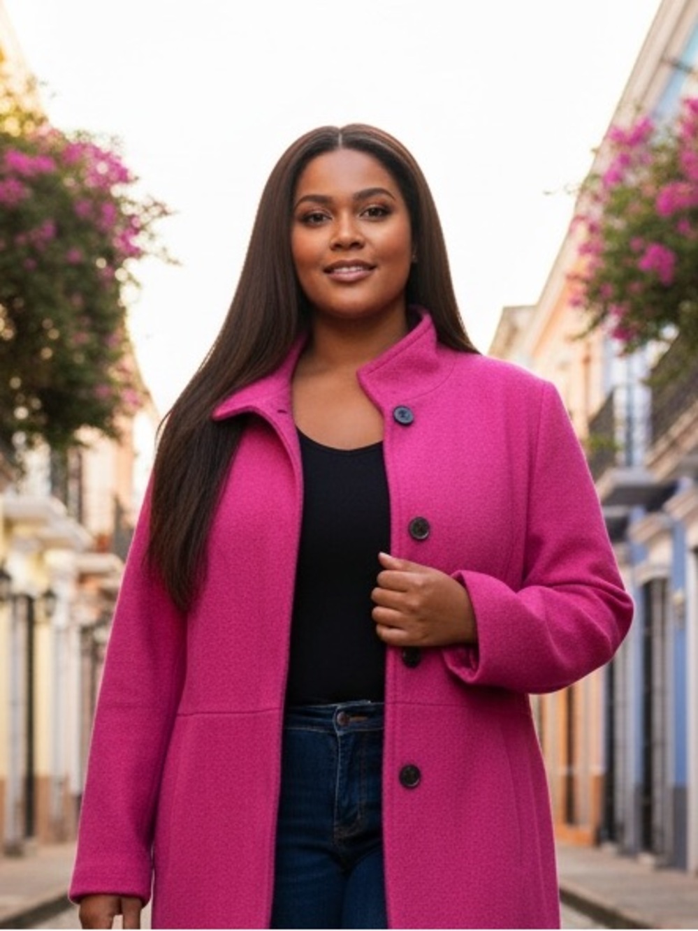 Land’s End Boiled Wool Berry Fuchsia Pink Pea Coat 22W